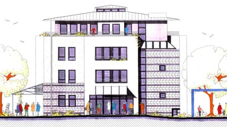 Farbige Architektenzeichnung des Akademie- und Beratungshauses an der Benrather Schloßallee 125