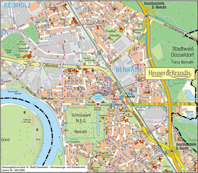 Stadtplanausschnitt von Düsseldorf-Benrath mit dem Standort der Kanzlei an der Benrather Schloßallee, nördlich von Schloss und Schlosspark